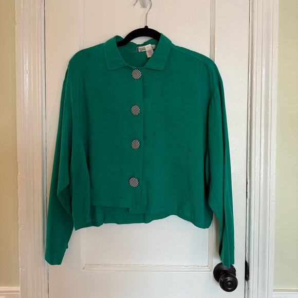 Vintage Kelly Green Lightweight Shirt Jacket with Plaid Buttons 1970s 1980s - Picture 1 of 7